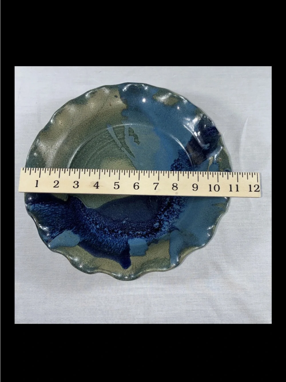 Vintage Studio Pottery Scalloped Stoneware Pie Dish Blue Glaze Signed 10 1/2”w